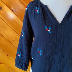 Velvet Graham Spencer Embroidered Gauze Top Blouse XS Navy Blue V-neck cotton